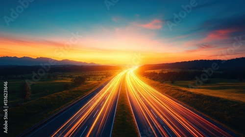 Highway at sunset with beautiful sky colors and silhouetted landscape creating a serene and peaceful evening scene