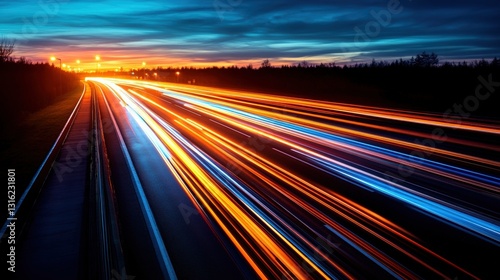 Highway at night with numerous light streaks from vehicles creating a dynamic and lively urban scene full of motion