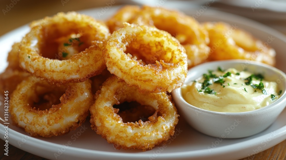 Crispy fried calamari rings with aioli sauce Crispy fried calamari rings with aioli sauce