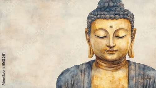 Serene golden buddha watercolor artwork tranquil studio digital illustration artistic expression close-up view
