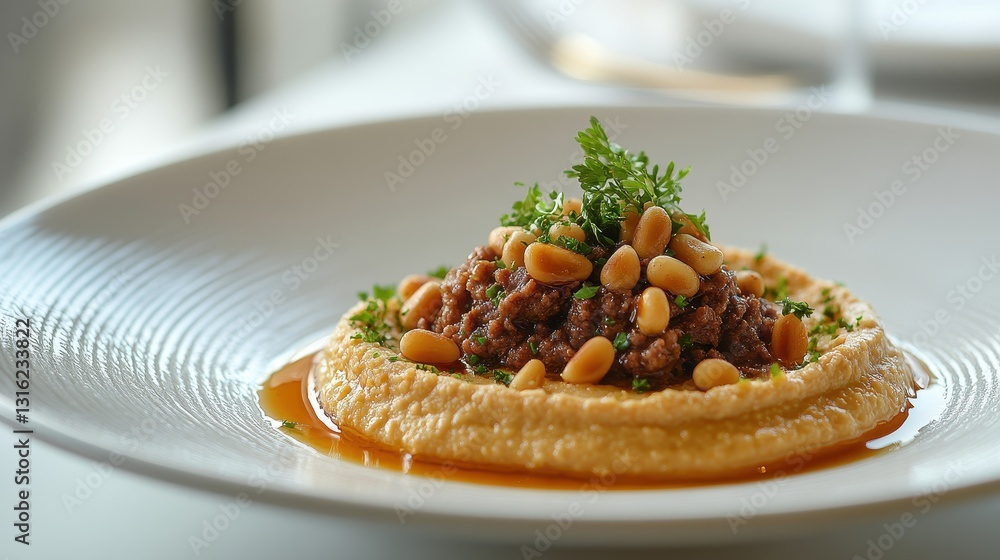 A pristine white canvas, bathed in the soft glow of studio lighting, hosts a masterpiece of culinary artistry - a meticulously arranged plate of minced beef smooth hummus, adorned with the delicate A pristine white canvas, bathed in the soft glow of studio lighting, hosts a masterpiece of culinary artistry - a meticulously arranged plate of minced beef smooth hummus, adorned with the delicate