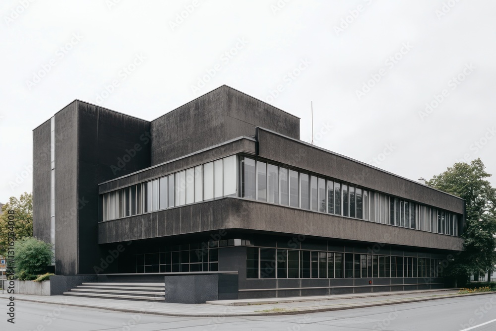 Modernist concrete building, architectural design, exterior view. Modernist concrete building, architectural design, exterior view.