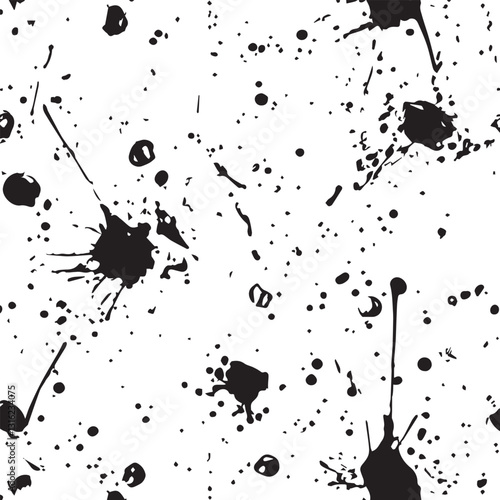 High contrast black paint drops form an active abstract pattern useful for edgy social media graphics or wall coverings on white surface.