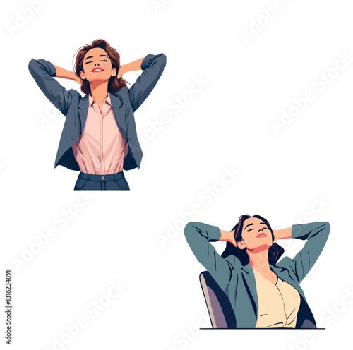 Vsai businesswoman relaxing with hands behind head, feeling satisfied and taking break