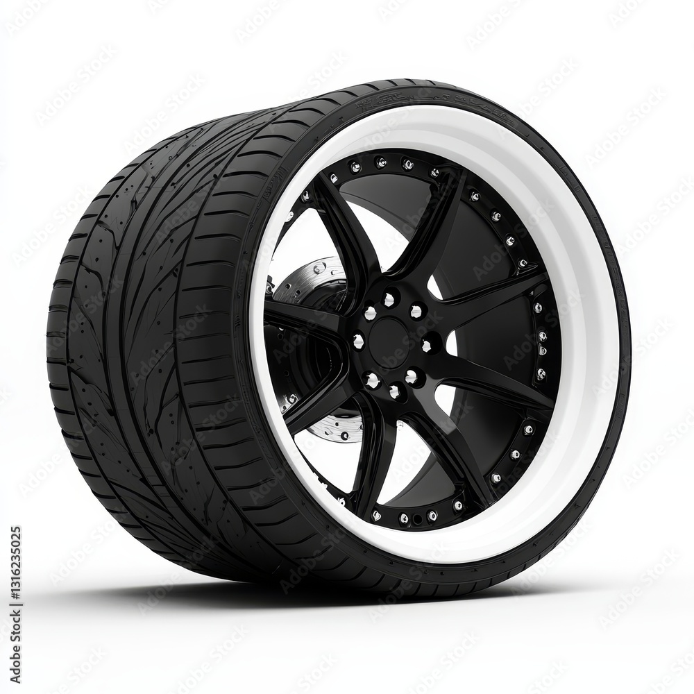 Fototapeta premium The image features an isolated automobile tire, which is a circular rubber object, paired with a shiny metal rim, against a completely transparent backdrop