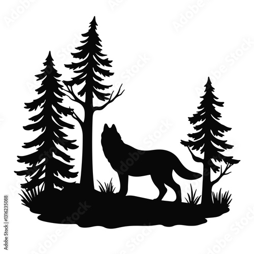 Wolf silhouette standing in forest, nature symbolism