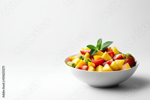 Side view of a bowl of fruit salad with mint leaves, isolated on white background, realistic photography, hyper-realistic
