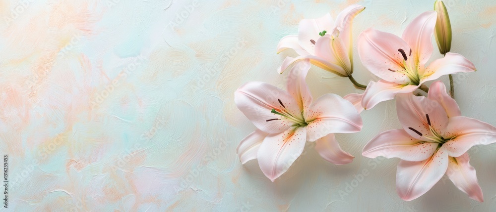 Pastel pink lilies on a light textured background. Pastel pink lilies on a light textured background.