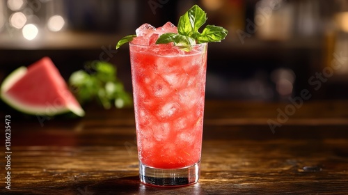 A refreshing burst of watermelon is vibrant hue, chilled and tantalizing, ready to quench your thirst on a sweltering summer day. photo