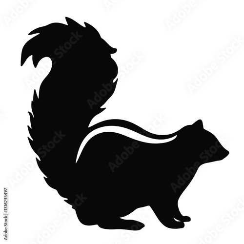 Silhouette of a skunk with bushy tail on white background, animal design