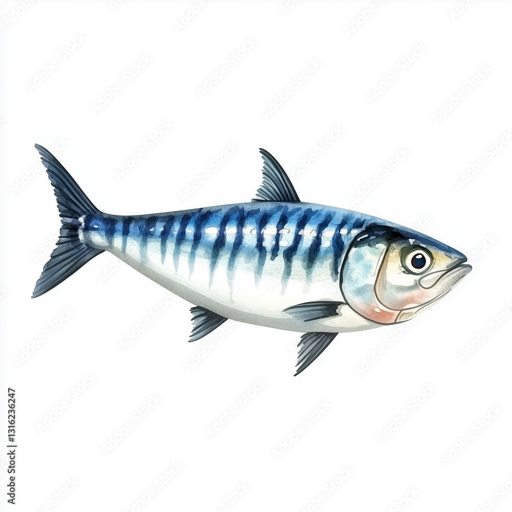 Obraz premium Illustration of the Mackerel, soft watercolor tones, white background, detailed illustration, cartoonish.