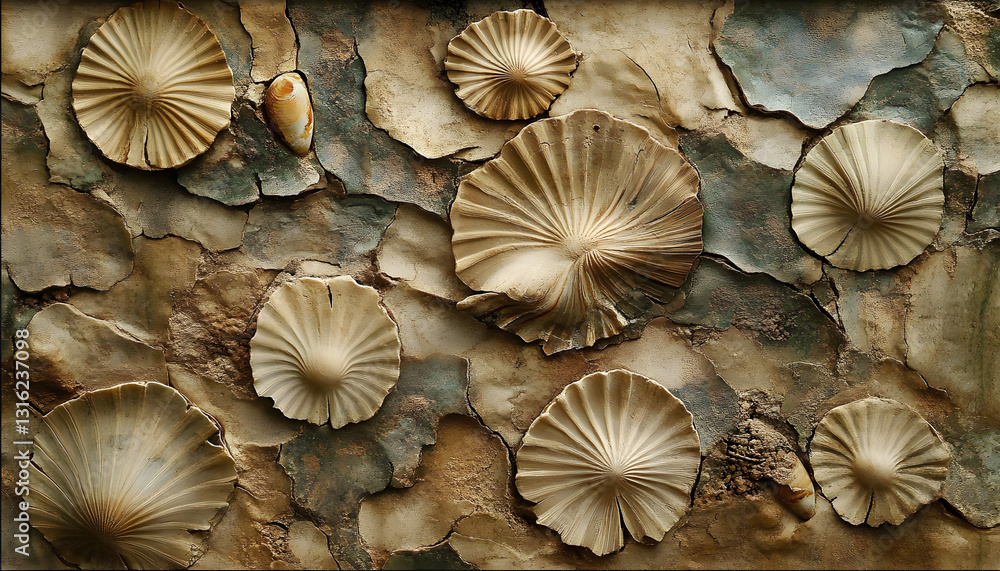 An abstract pattern resembling fossilized imprints of leaves and shells, rendered in muted earthy tones like sepia, moss green, and sandstone, with a rough, textured background evoking ancient An abstract pattern resembling fossilized imprints of leaves and shells, rendered in muted earthy tones like sepia, moss green, and sandstone, with a rough, textured background evoking ancient