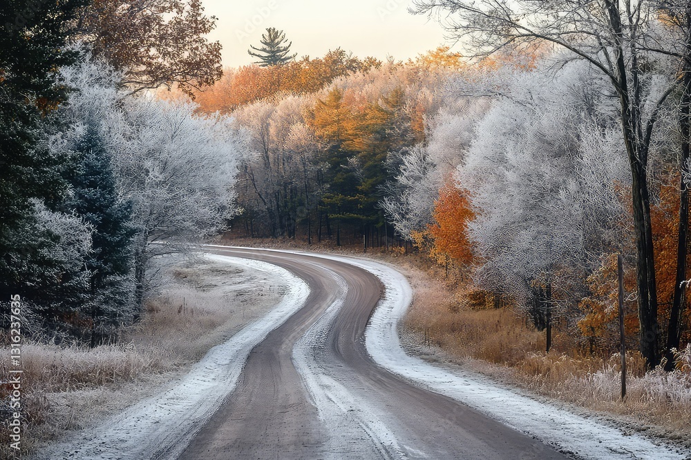 A scenic autumn road winding through frost-dusted trees, leading into the horizon. A scenic autumn road winding through frost-dusted trees, leading into the horizon.