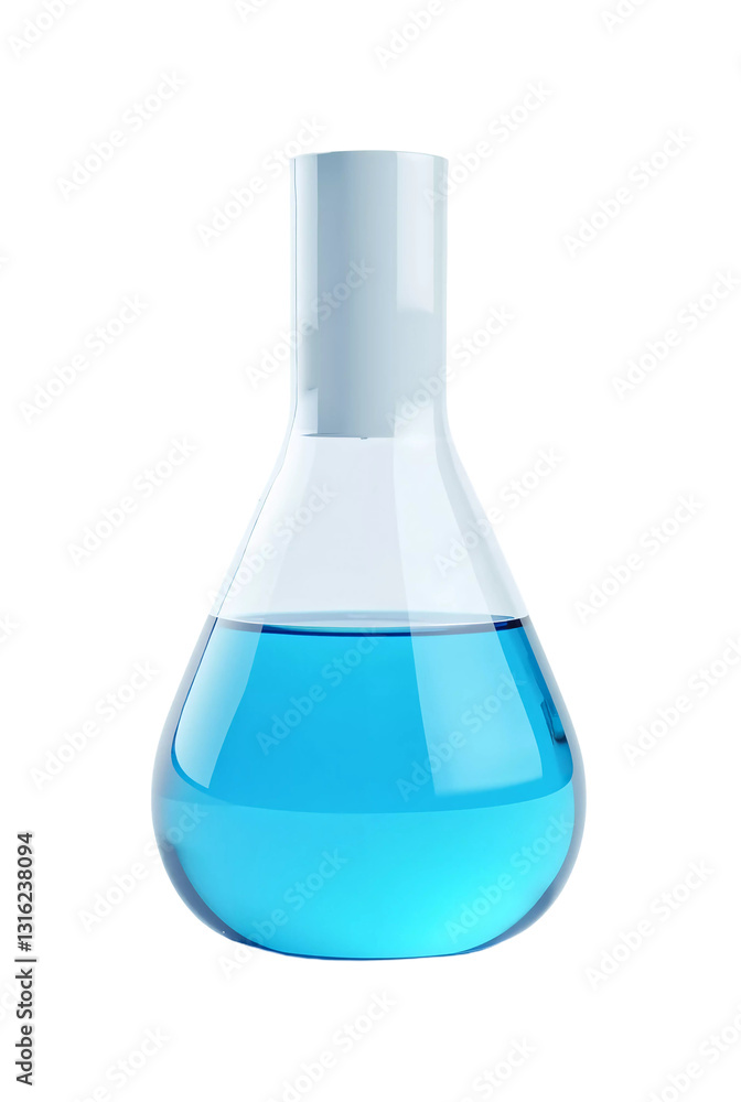 laboratory flask with blue liquid isolated on transparent background cutout