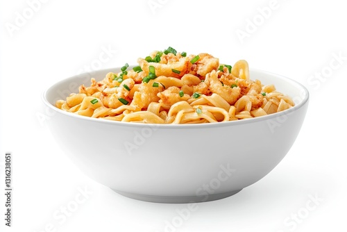 Side view of a bowl of hot udon noodles with tempura, isolated on white background, realistic photography, hyper-realistic