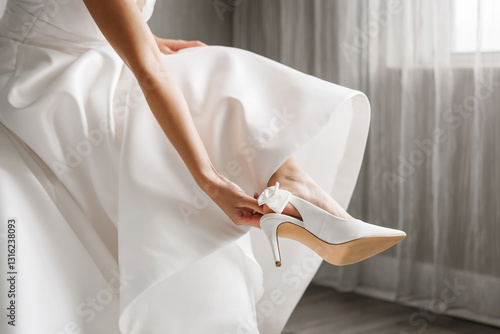 The bride in a white wedding dress puts on her shoes in the bedroom. Close up of bride's feet in white elegant high heels. A woman wears classic wedding shoes with a bow at the back