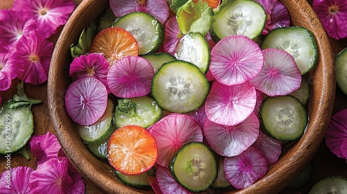 A detailed shot captures the vibrant hues of sliced pickles, their crispness emphasized by a wooden bowl that cradles their verdant form.