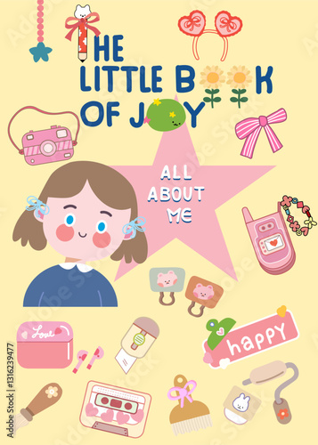 scrapbook design elements, card, cute cover, new cove, new book. Back to school, cartoon all about me and study, new students boy and girl