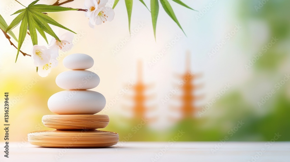 Obraz premium A serene arrangement of stacked stones surrounded by bamboo and blossoms, symbolizing tranquility and balance in a peaceful setting.