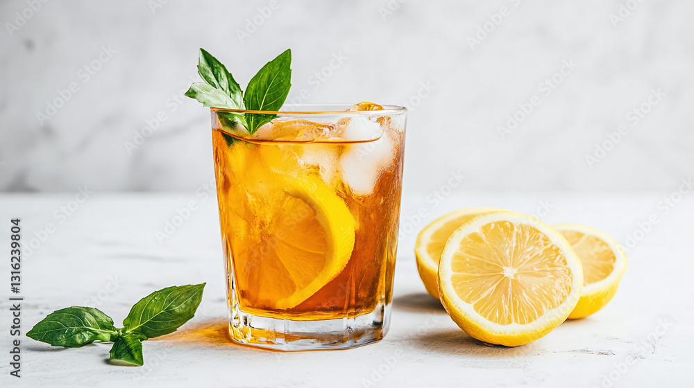 Fototapeta premium Iced Lemon Tea with Basil - Refreshing Summer Drink