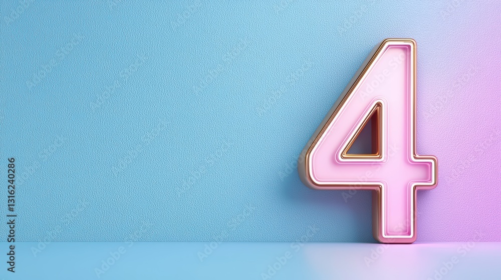 Fototapeta premium A glowing pink number four against a textured blue background, creating a vibrant and modern aesthetic.