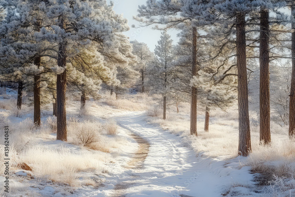 A scenic winter forest trail surrounded by frost-covered pine trees. A scenic winter forest trail surrounded by frost-covered pine trees.