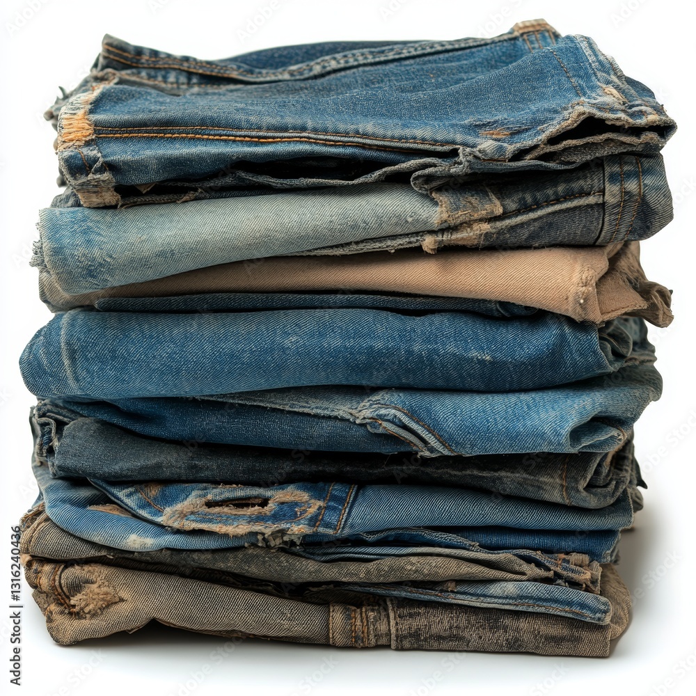 The retail arrangement features a pile of blue cotton denim jeans stacked on a white background, presenting a casual collection of trousers in an isolated textile clothing display The retail arrangement features a pile of blue cotton denim jeans stacked on a white background, presenting a casual collection of trousers in an isolated textile clothing display
