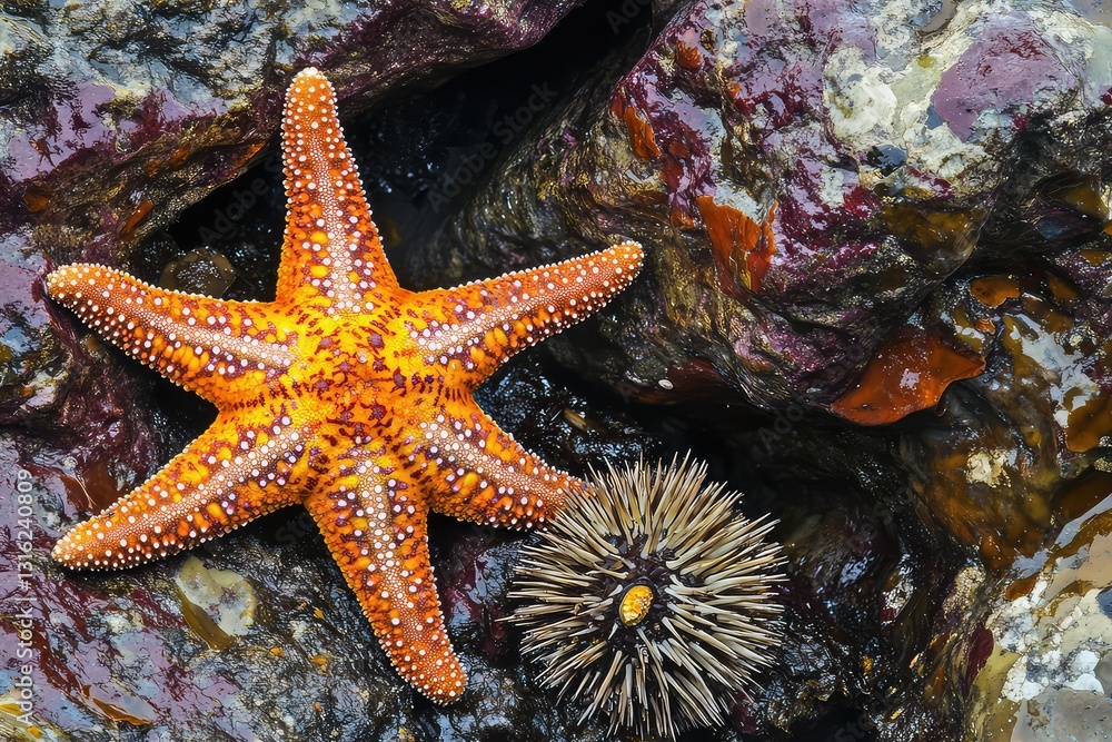 A sea star resting near the sea urchin on a rocky surface.