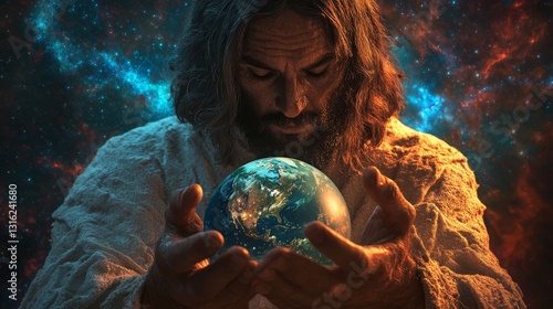 Divine creation and sacred earth embody a spiritual globe, where a faith journey unfolds, and a holy Christian world is embraced, within a peaceful religious universe connection, held by Jesus