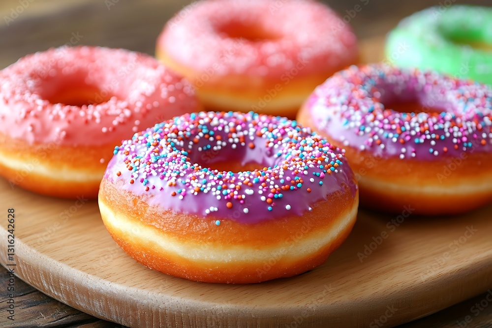 Colorful frosted donuts sit arranged on wood board, blurry background for dessert imagery Colorful frosted donuts sit arranged on wood board, blurry background for dessert imagery