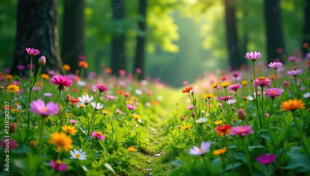 Wildflowers blooming in abundance amidst forest undergrowth, abundance, undergrowth, blooms