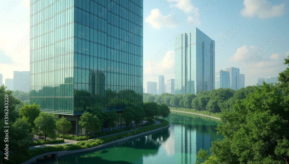 A modern glass skyscraper reflecting a lush green park, symbolizing environmental responsibility A modern glass skyscraper reflecting a lush green park, symbolizing environmental responsibility