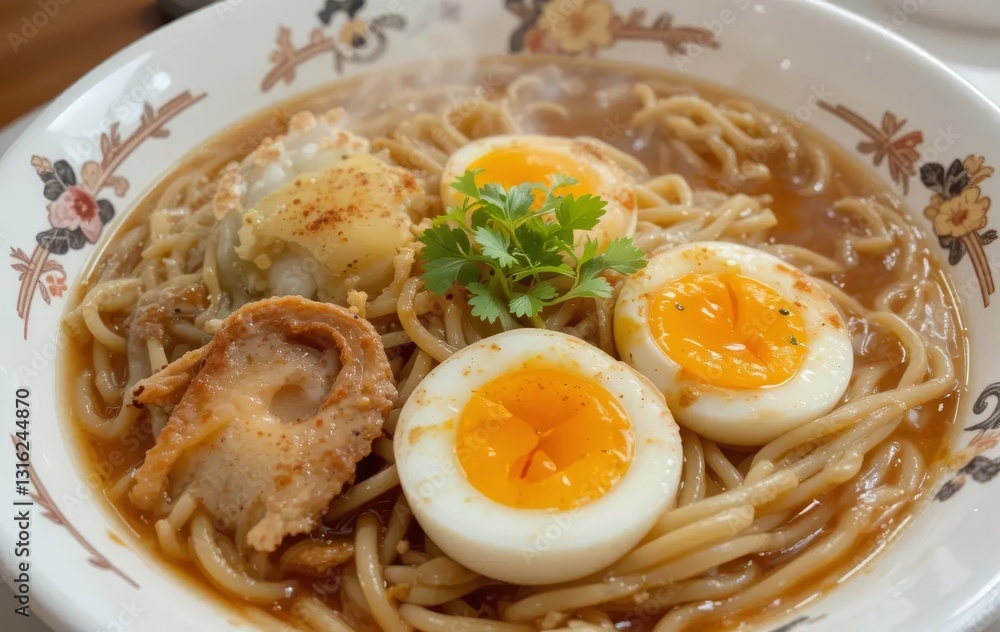 A bowl of ramyeon with a cracked egg on top, surrounded by chopsticks, chili flakes, and other toppings A bowl of ramyeon with a cracked egg on top, surrounded by chopsticks, chili flakes, and other toppings