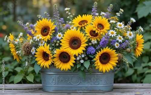 A vintage-style decoration with sunflowers, sage, and chamomile in a zinc tub in a garden setting