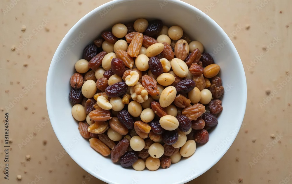 A white bowl filled with mixed nuts and raisins on a beige background A white bowl filled with mixed nuts and raisins on a beige background