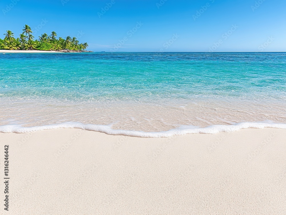 Serene beach scene with turquoise waters and palm trees under a clear blue sky Serene beach scene with turquoise waters and palm trees under a clear blue sky