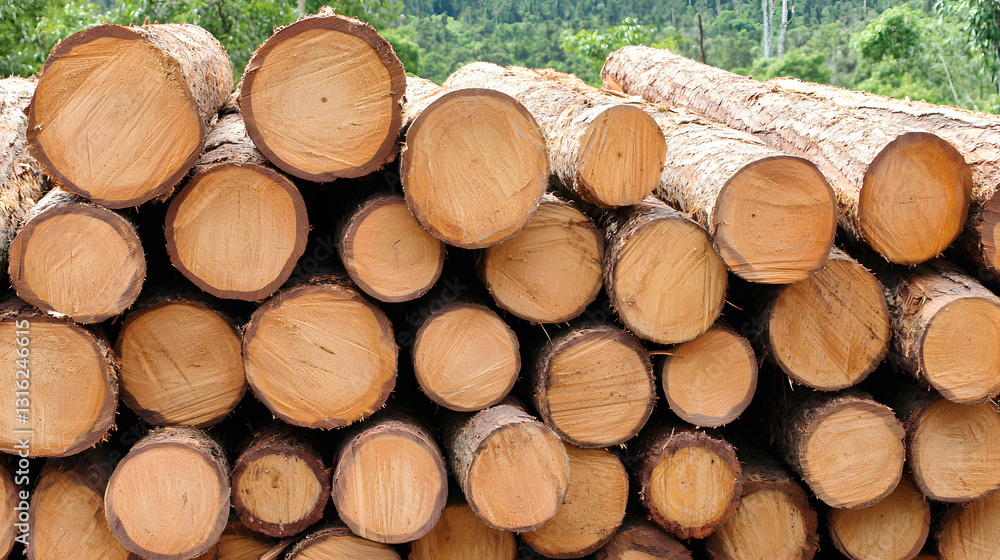 Stacked logs in a forest symbolize sustainable logging practices, promoting environmental conservation and responsible resource management.
Stacked logs in a forest symbolize sustainable logging practices, promoting environmental conservation and responsible resource management.