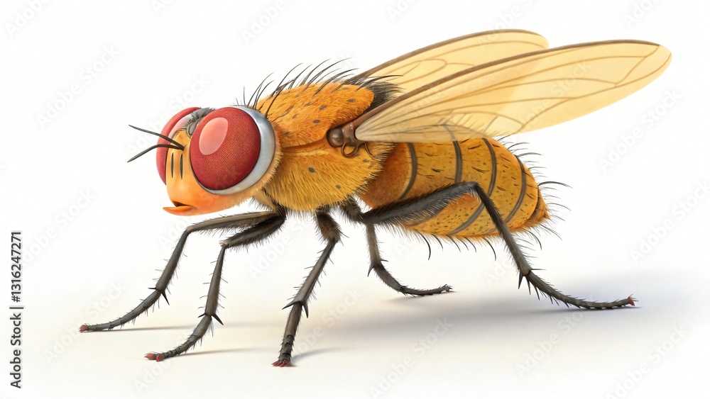 Detailed 3D Render of a Yellow Fuzzy Fly with Red Eyes Isolated on White Background Detailed 3D Render of a Yellow Fuzzy Fly with Red Eyes Isolated on White Background