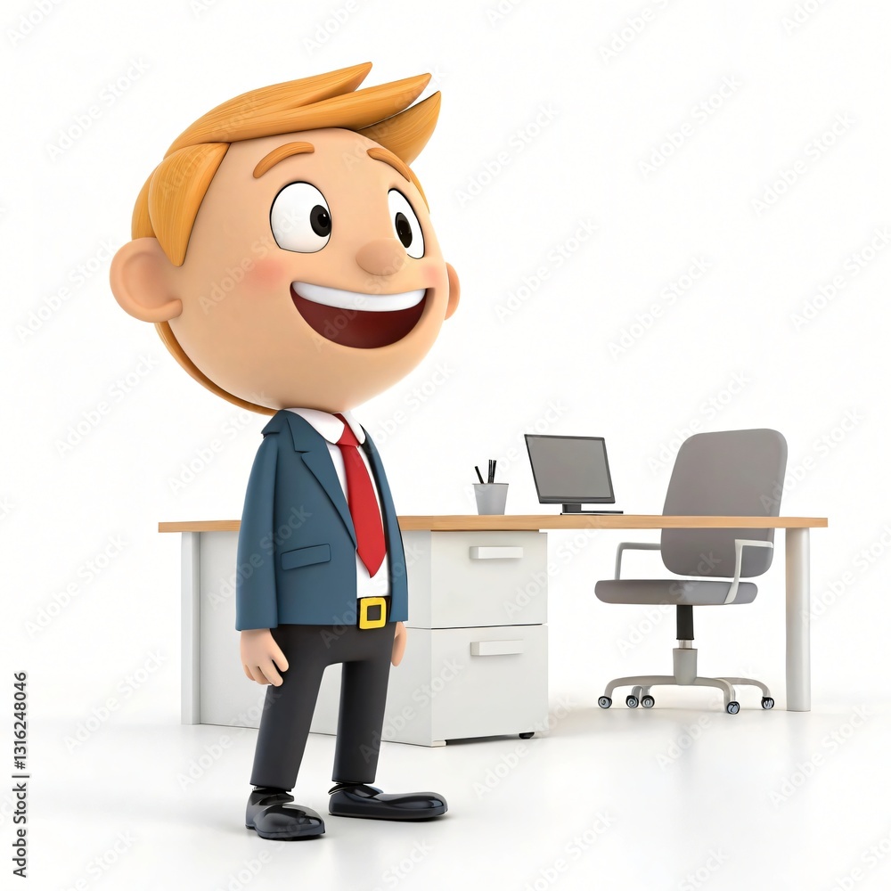 Happy Cartoon Businessman in Modern Office 3D Render Smiling Desk Chair Happy Cartoon Businessman in Modern Office 3D Render Smiling Desk Chair