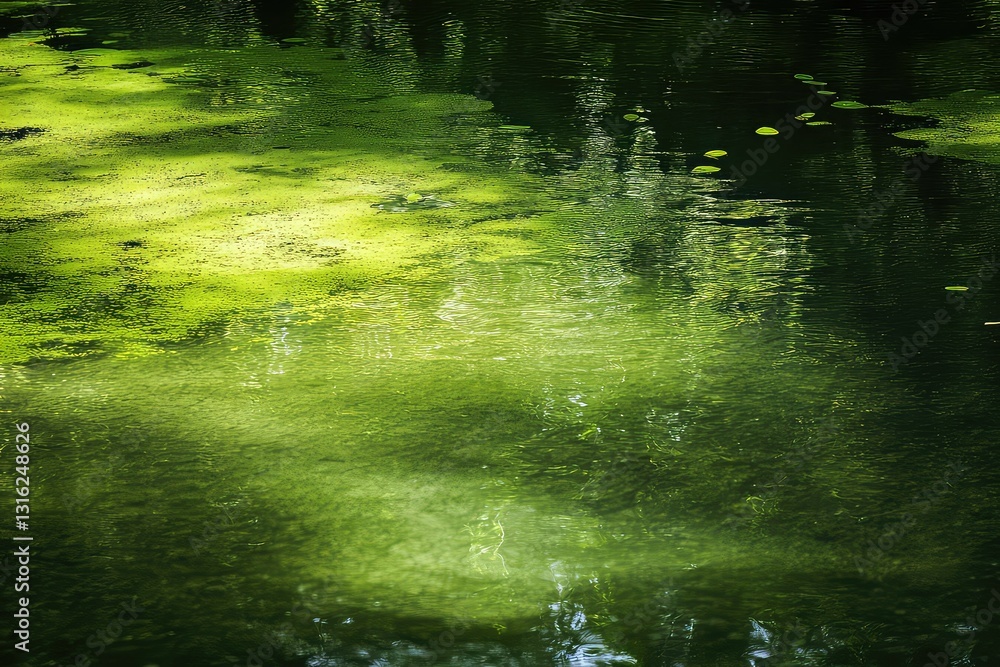 A serene moment of still water, interrupted only by floating green algae. A serene moment of still water, interrupted only by floating green algae.