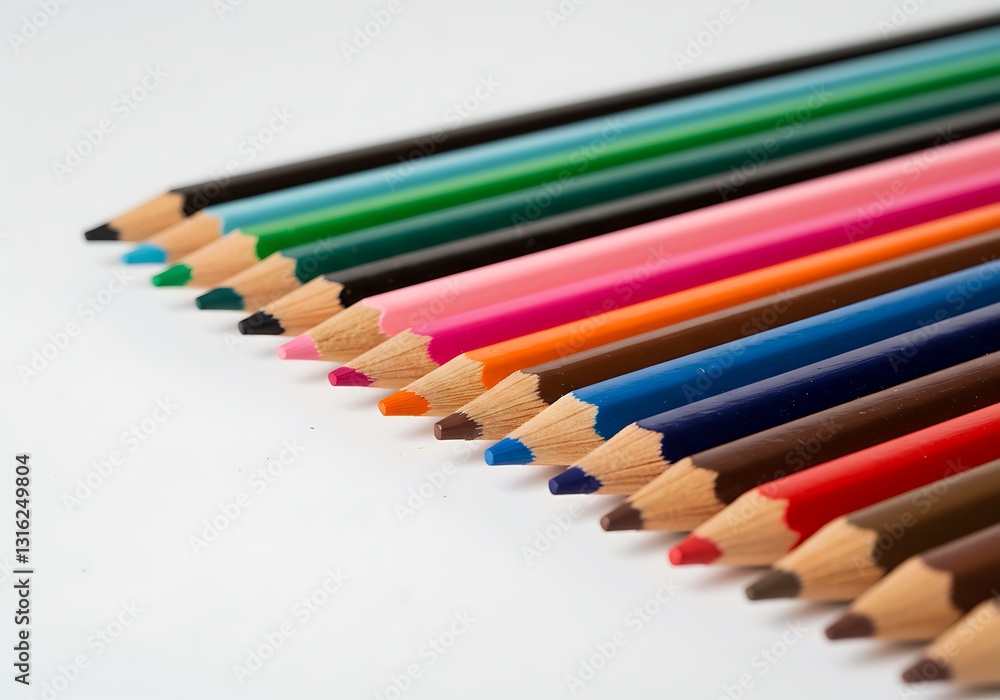 Colorful Pencils Arranged in a Row on White Background Close-up Colorful Pencils Arranged in a Row on White Background Close-up