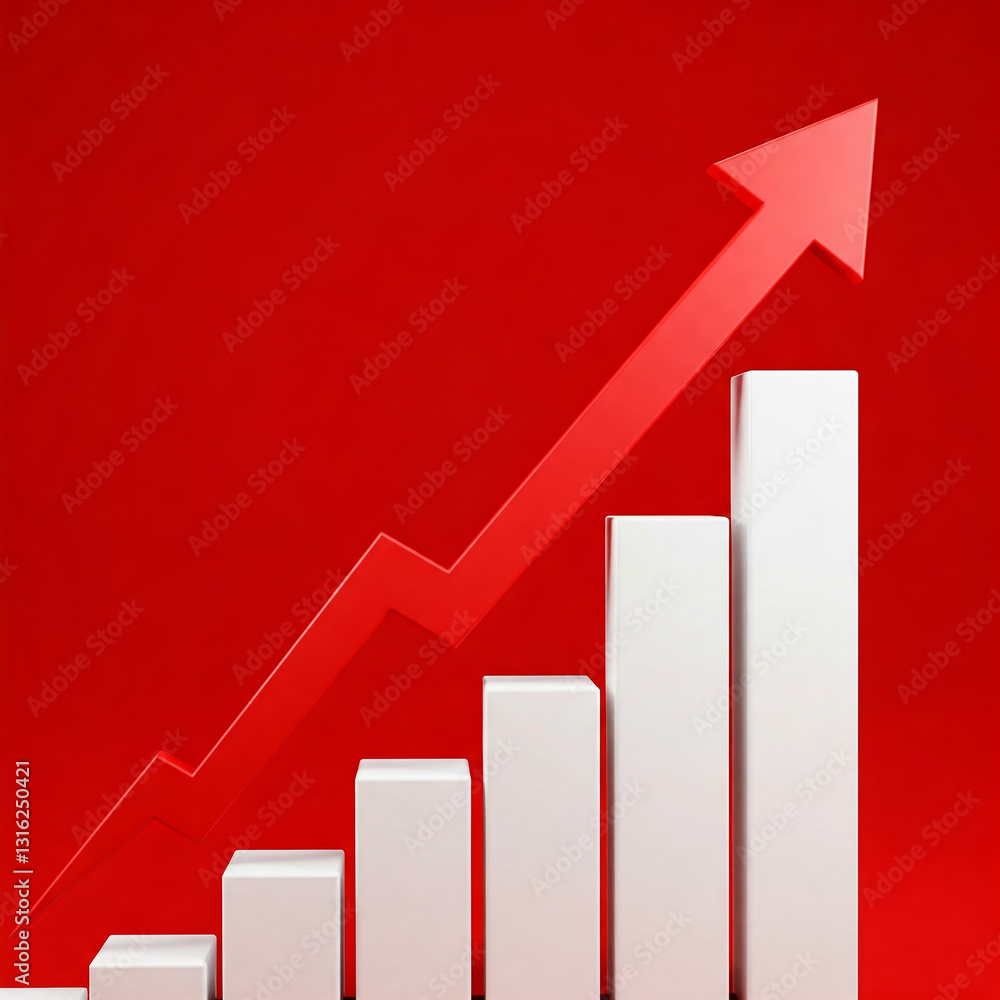 business graph with red arrow. A red arrow pointing upwards on top of white bars representing growth and progress. growth graph chat with red arrow. growth concept.
