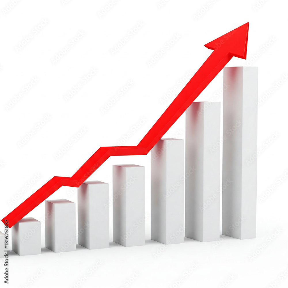 business graph with red arrow. A red arrow pointing upwards on top of white bars representing growth and progress. growth graph chat with red arrow. growth concept. business graph with red arrow. A red arrow pointing upwards on top of white bars representing growth and progress. growth graph chat with red arrow. growth concept.