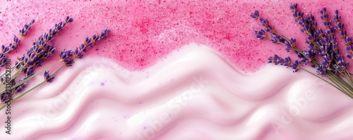 Wallpaper Mural Pink and white creamy texture with lavender sprigs creates soothing and aromatic visual. wavy pattern and vibrant colors evoke sense of calm and relaxation Torontodigital.ca