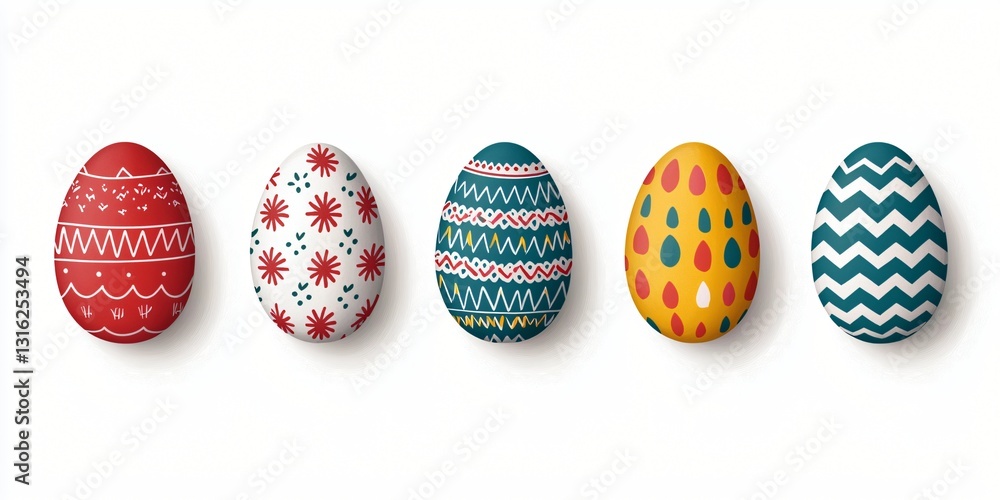 Five Decorated Easter Eggs with Diverse Patterns and Colors on White Background Five Decorated Easter Eggs with Diverse Patterns and Colors on White Background