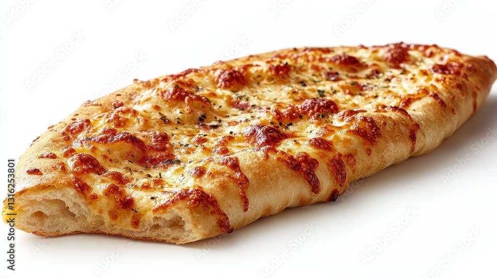 A tantalizing calzone, its cheesy goodness beckoning, rests on a pristine white backdrop, viewed from a low, 33-degree angle, bathed in soft, diffused lighting that highlights its texture and form. A tantalizing calzone, its cheesy goodness beckoning, rests on a pristine white backdrop, viewed from a low, 33-degree angle, bathed in soft, diffused lighting that highlights its texture and form.
