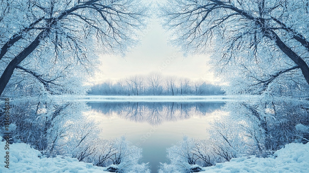A beautiful mirrored winter landscape with trees and reflecting water A beautiful mirrored winter landscape with trees and reflecting water