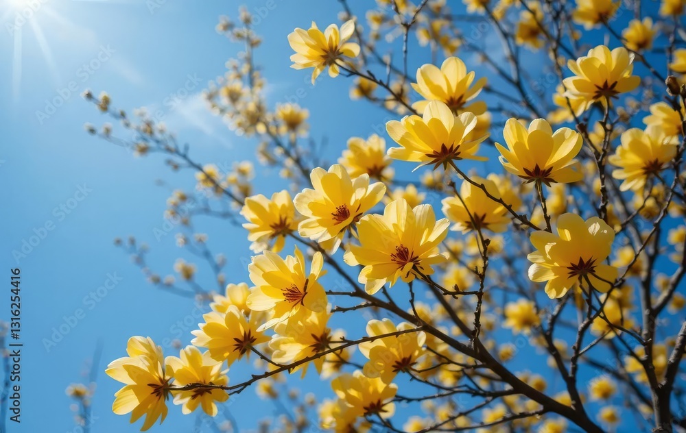 A close-up of bright yellow flowers against a blue sky background A close-up of bright yellow flowers against a blue sky background