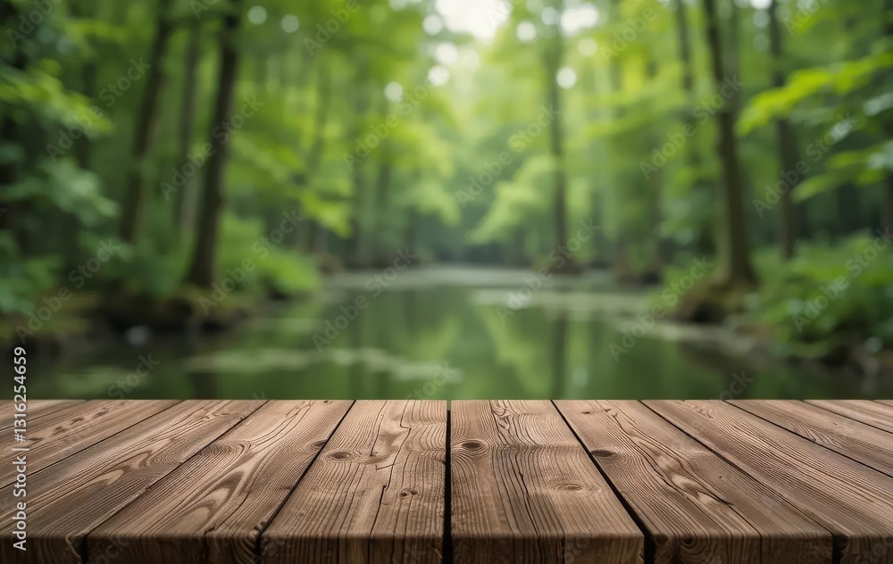 A wooden table with a blurred background of a green forest and lake or swamp A wooden table with a blurred background of a green forest and lake or swamp