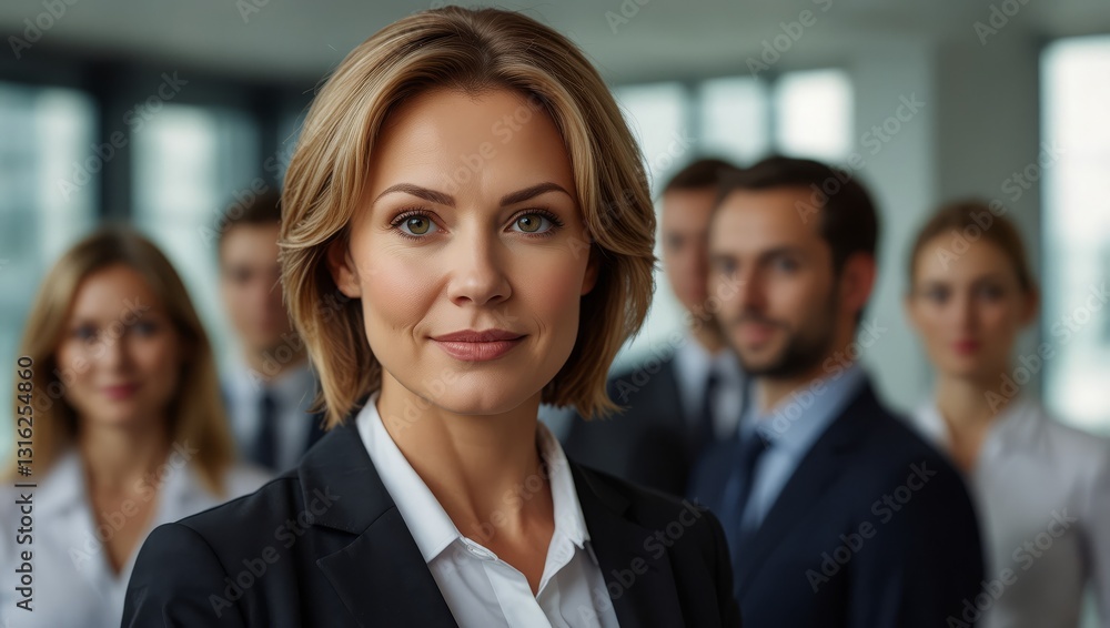 Beautiful middle aged woman on the background of business people Beautiful middle aged woman on the background of business people